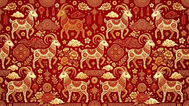 Seamless repeating oriental pattern with golden stylized rams, clouds, and traditional lanterns on red.
