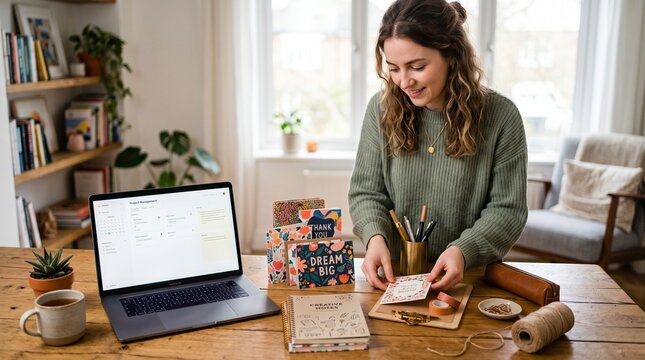 Smiling woman working as a microstock creator organizing colorful handmade greeting cards on wooden desk in bright interior.