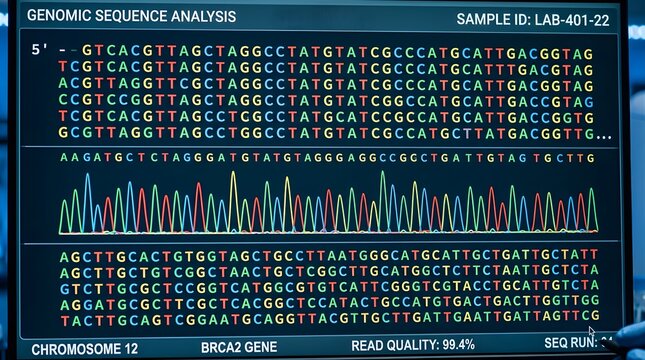Digital screen displaying genomic sequence analysis data for medical research.