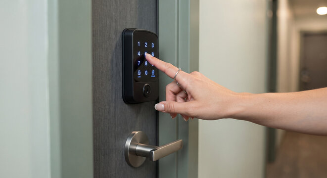 Woman entering code on smart electronic door lock for hotel room or apartment.