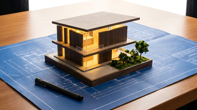 An illuminated architectural scale model of a contemporary residential building rests atop a blue construction blueprint on a wooden table inside a professional drafting room during daytime