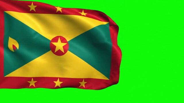 Grenada Flag Waving in the Wind on Green Screen Background, Grenadian National Flag Chroma Key