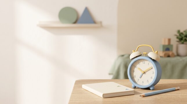 Minimalist study desk setup with notebooks, alarm clock, and pastel decor against a warm wall.