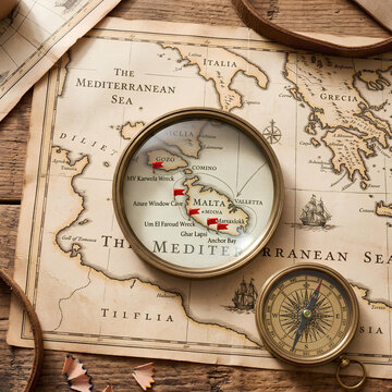 Vintage Compass and Old Map of Mediterranean Sea Malta Travel Exploration