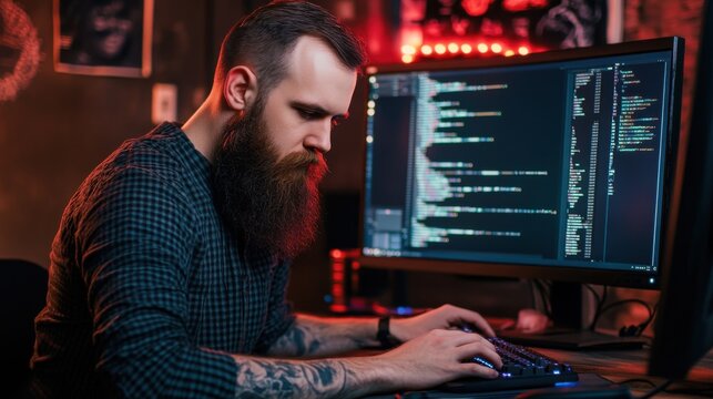 Focused programmer coding with concentration in a dimly lit creative workspace