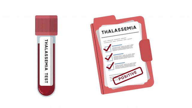 Thalassemia test animation showing a blood sample tube and positive medical report, representing thalassemia screening, blood disorder detection and genetic disease testing