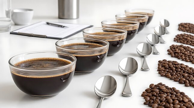 Line of clear glass cupping bowls filled with brewed coffee samples and tasting spoons on white counter for professional coffee cupping quality evaluation concept