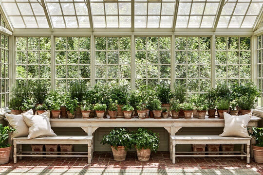 Conservatory bench lined with rows of potted herbs in terracotta pots.