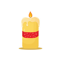 Obraz premium Isolated hand-drawn candle with red ribbon band and flame. Vector cartoon illustration for Christmas decor, cards, stickers and prints