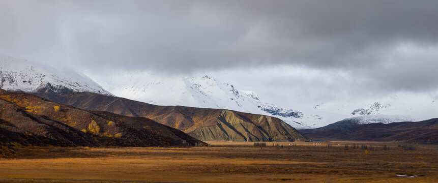 View of Mount McKinley with snow-capped peaks, autumn-colored tundra, and dramatic storm clouds in Denali Borough, Alaska, United States.