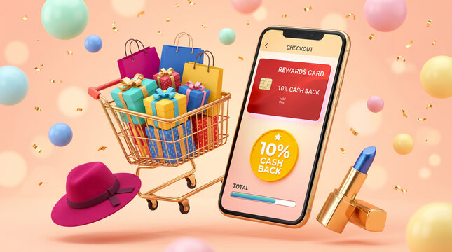 Shopping cart with gifts, phone displaying cashback, and cosmetic item, symbolizing retail, savings, and beauty. Free space for text.