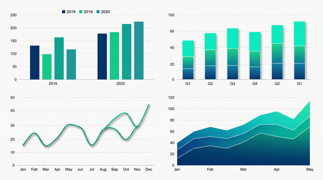 Four charts displaying data trends over time, showcasing growth and fluctuation with bar and line graphs in gradient colors, representing analytics.