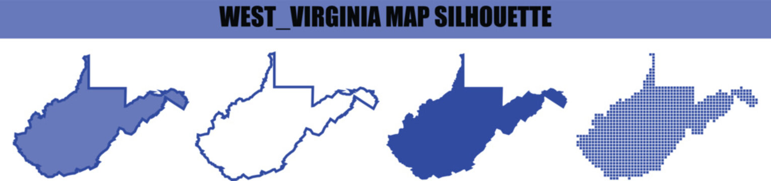 West virginia map silhouette set display featuring various graphic and pixelated designs.