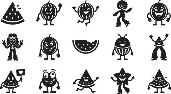 Watermelon character icon set black silhouette for summer festival.