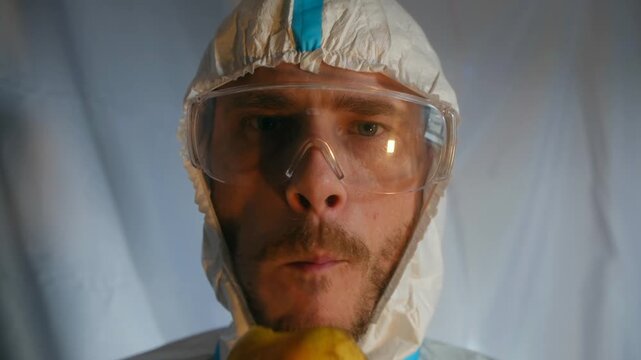 Close up bearded man in a protective suit and safety goggles eating a yellow pear, highlighting concepts of food safety, gmo testing, and scientific research in a laboratory environment