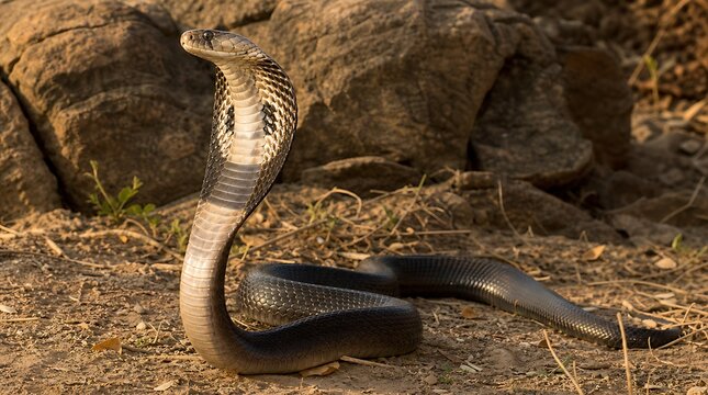 Wild Indian cobra raising hood on dry rocky earth for wildlife nature reptile photograph concept
