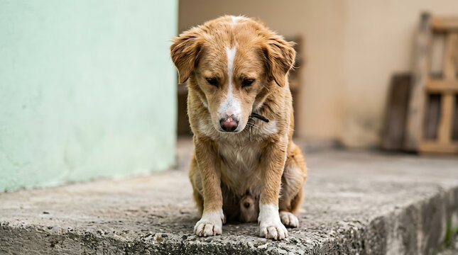 A sad homeless mixed breed puppy sits on concrete outdoors waiting patiently for adoption while looking down with sorrowful eyes portraying abandonment and emotional distress in rescue center