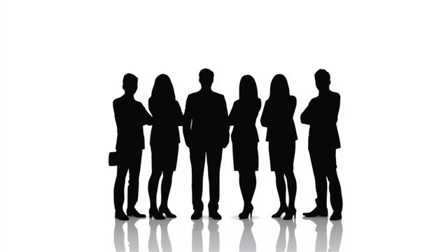Business team silhouettes standing together in full body pose against a high key background with floor reflections.