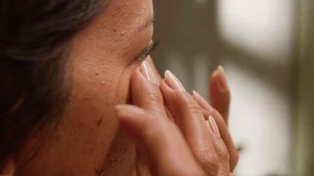 Latina young woman applying clear gel eye patch under eye in extreme close up. Footage is ideal for skincare product commercials, beauty tutorials, and wellness marketing campaigns