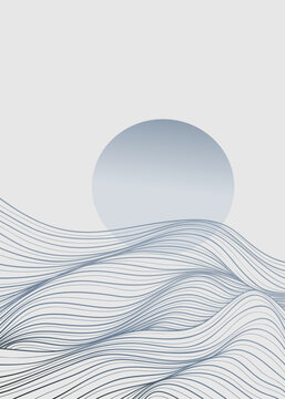 Ocean wave landscape illustration. Creative minimalist modern line art print. Abstract contemporary aesthetic backgrounds landscapes. with Ocean, sea, skyline, wave and sunset