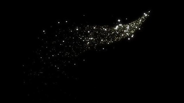 Magical golden glitter trail sparkles animation, gold glitter particles, sparkling bokeh particles and twinkling light bursts flowing smoothly across on black background. 4K