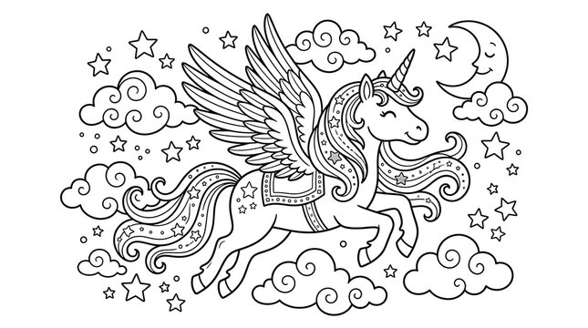 A magical winged unicorn soars through a starry night sky surrounded by fluffy cumulus clouds and a smiling crescent moon, perfect for a whimsical coloring book page enjoyed by children