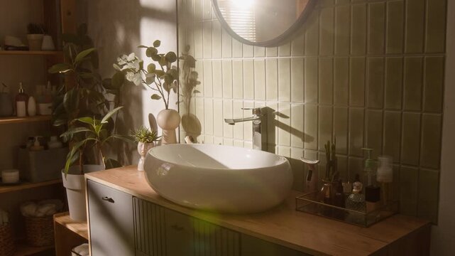 Sunlight and shadows moving across modern bathroom vanity with ceramic sink in time lapse. Video is ideal for interior design promotions or home improvement commercials