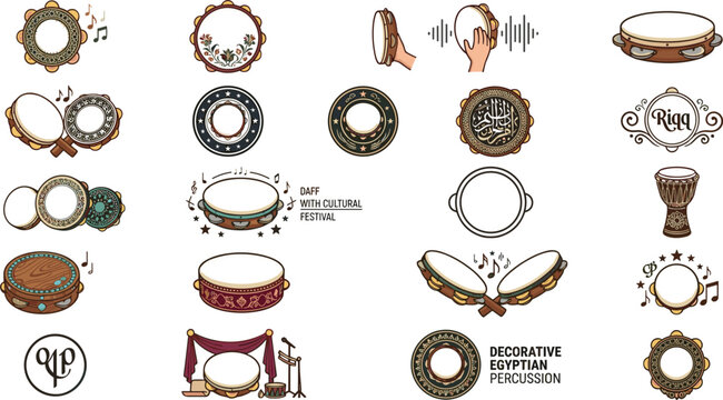 Traditional Middle Eastern percussion instrument icon set featuring Egyptian riqq tambourines hand drums musical notes and cultural festival logo design elements vector