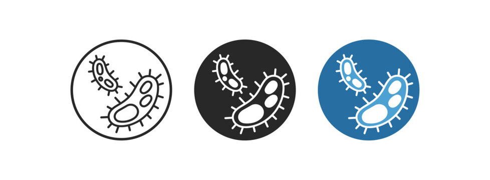 Gut bacteria and microbiome icons with intestinal microorganisms and digestive flora in outline, solid and flat styles