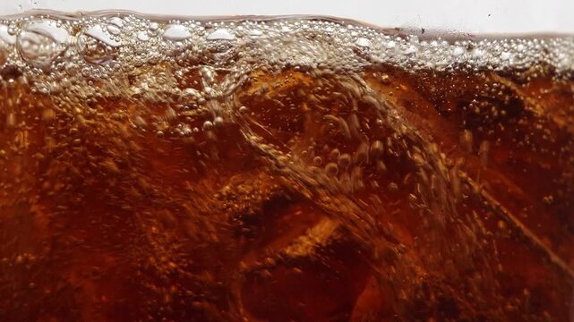 4K Extreme close-up macro shot of sparkling bubbles and ice cubes in cold brown cola drink, refreshing summer beverage, fizzy drink, cold refreshment and abstract texture.