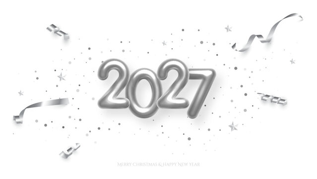 2027 Happy New Year greeting card background. 2027 silver balloon numbers with confetti and ribbons. Festive sparkle holiday postcard, invitation, banner for social media. Vector illustration.