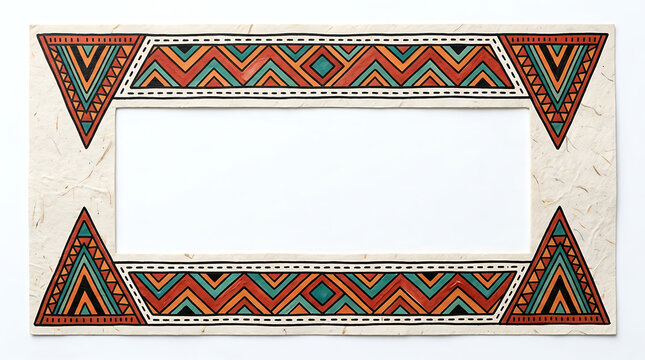 A horizontal frame featuring vibrant geometric patterns with red, orange, and turquoise triangles, creating an eye-catching ornamental border for various creative design projects