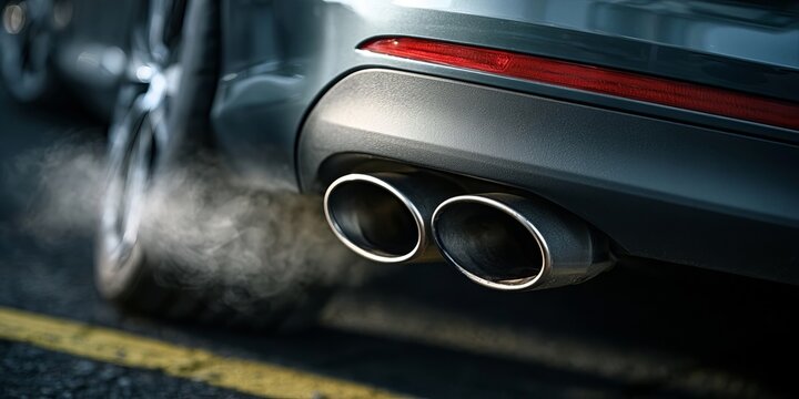 Close Up View of Metallic Dual Exhaust Pipes with Visible Exhaust Smoke Behind a Sports Luxury Car
