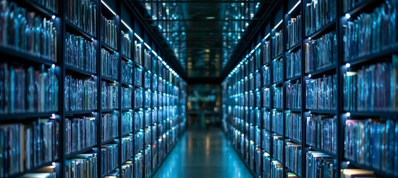 Futuristic library interior featuring tall shelves filled with books and blue ambient neon lighting