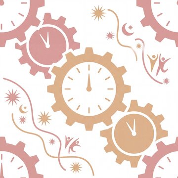 Abstract clock gears pattern, seamless time management background, rose gold watch mechanism