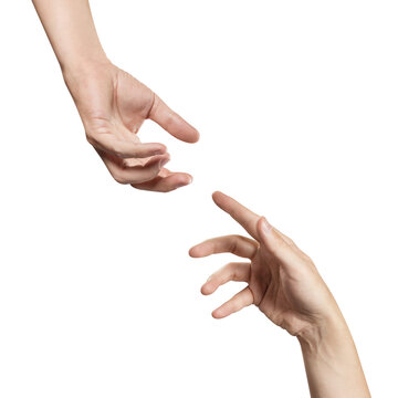 Set of two hands reaching toward each other, isolated on transparent cutout background