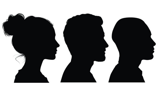 Three diverse silhouettes of people's profiles, a woman and two men, arranged side-by-side against a white background.