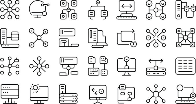 Distributed computer network topology line icon set representing server connections data mapping hub modules and informatics