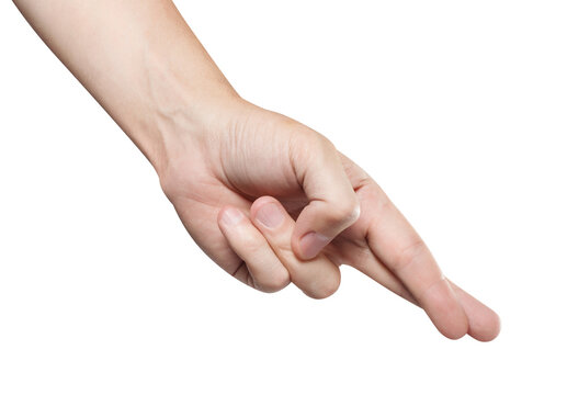 Hand making fingers crossed gesture symbolizing luck or lying, isolated on transparent cutout background