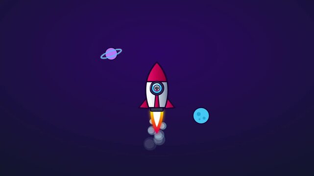 Cartoon Rocket Ship Launching into Outer Space with Planets