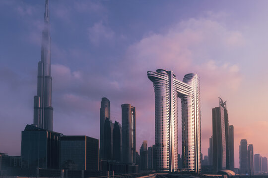 View of the Burj Khalifa and Address Sky View towers rising above the modern skyline of Dubai, Dubai, United Arab Emirates.