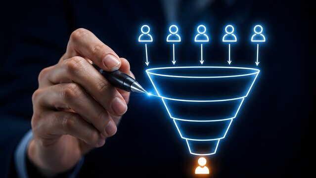 Businessman Drawing Glowing Digital Sales Funnel with User Icons Representing Targeted Lead Generation and Customer Conversion
