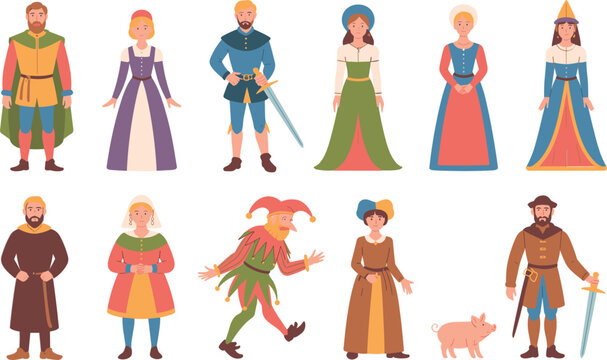 Medieval characters vector set, featuring king queen knight princess jester peasant and historic fantasy flat citizens