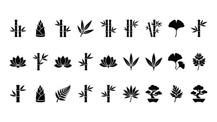 Fototapeta premium Bamboo and botanical plant silhouettes featuring lotus leaves and bonsai trees for interior decor designs