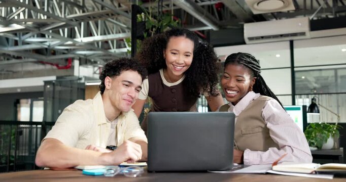 Laptop, business and high five with team in office for group project, winning or success together. People, employees or colleagues with smile on computer for achievement or good news in workplace