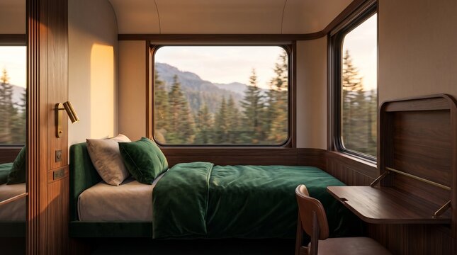 Cozy luxury sleeper train private coupe with plush green velvet bed, fold-down wooden desk and large panoramic window showing sunset over pine forest mountains in 3D render.