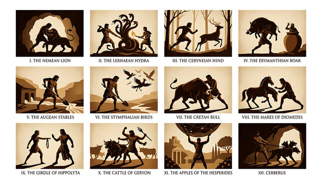 Twelve legendary exploits of the hero Hercules are visually depicted in this antique parchment style collection portraying his strength and courage while facing dangerous mythical beasts during