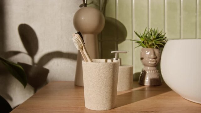 Bamboo toothbrushes sitting in eco-friendly cup on wooden shelf in bathroom with moving shadows in time lapse. Footage is perfect for promoting sustainable lifestyle and green dental care products