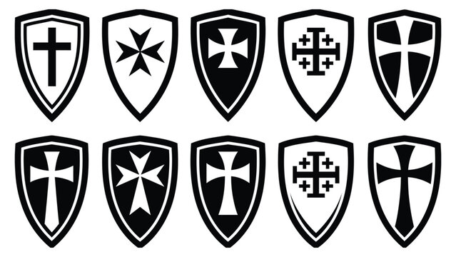 Set of templar and crusader cross heraldic shields in black and white vector art.