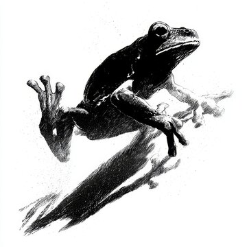 Dynamic black and white ink sketch of leaping frog captured in mid air action movement.